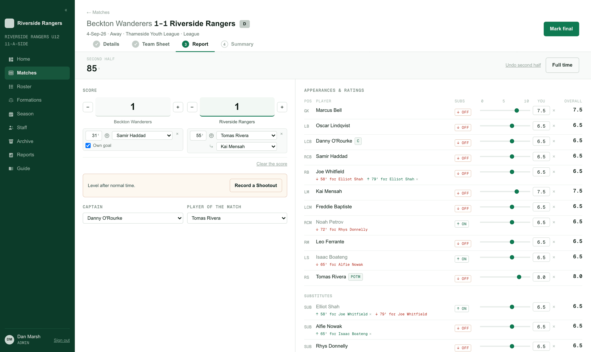 TeamMetriq match report showing the running score, the goals and who assisted, the players read as the side, the substitutes who came on and the bench, and a rating for every player