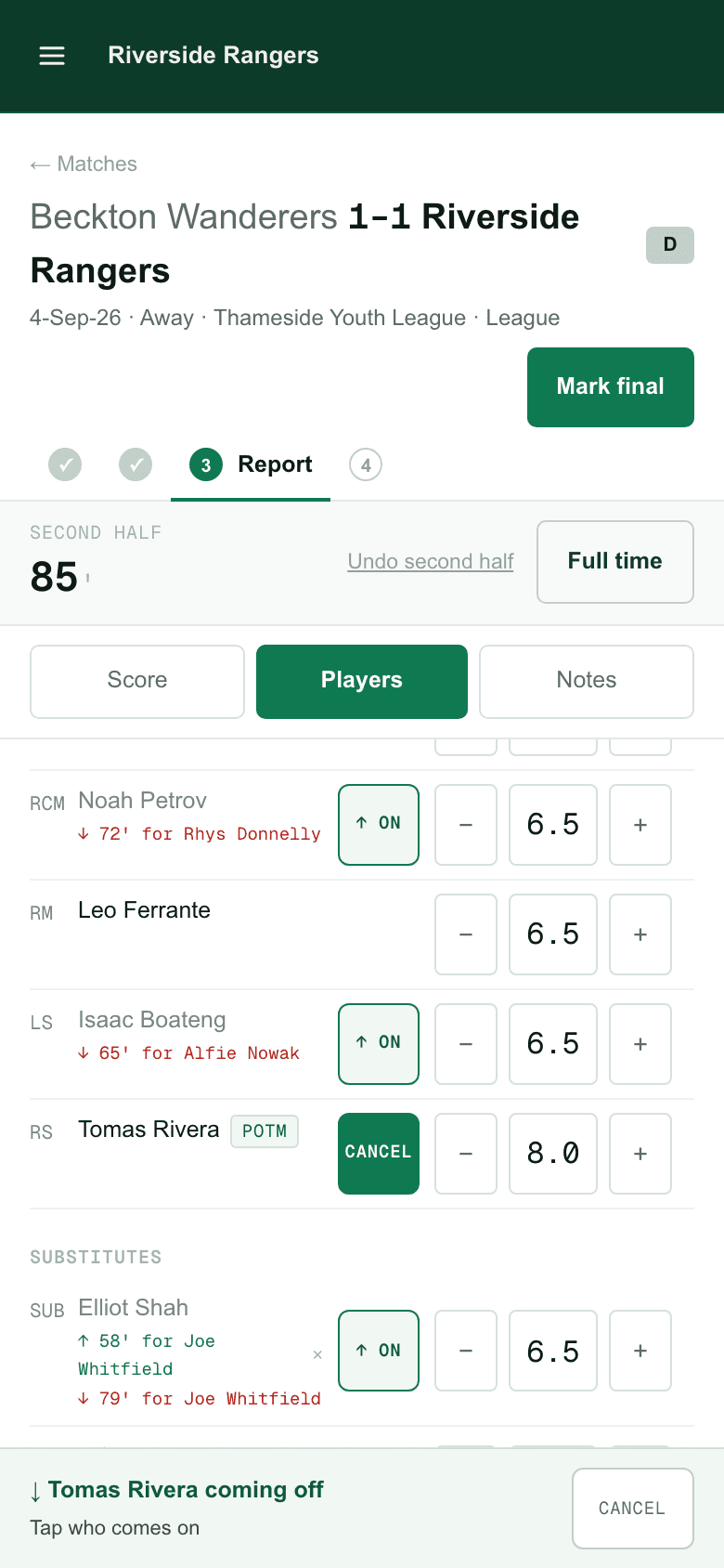 TeamMetriq match report open on a phone during a game, with the match clock showing the minute of the second half, the score, players and notes as tabs, a substitution control beside every player's name and the minute each substitution was made in, and a bar at the foot naming the player already chosen and asking who replaces them